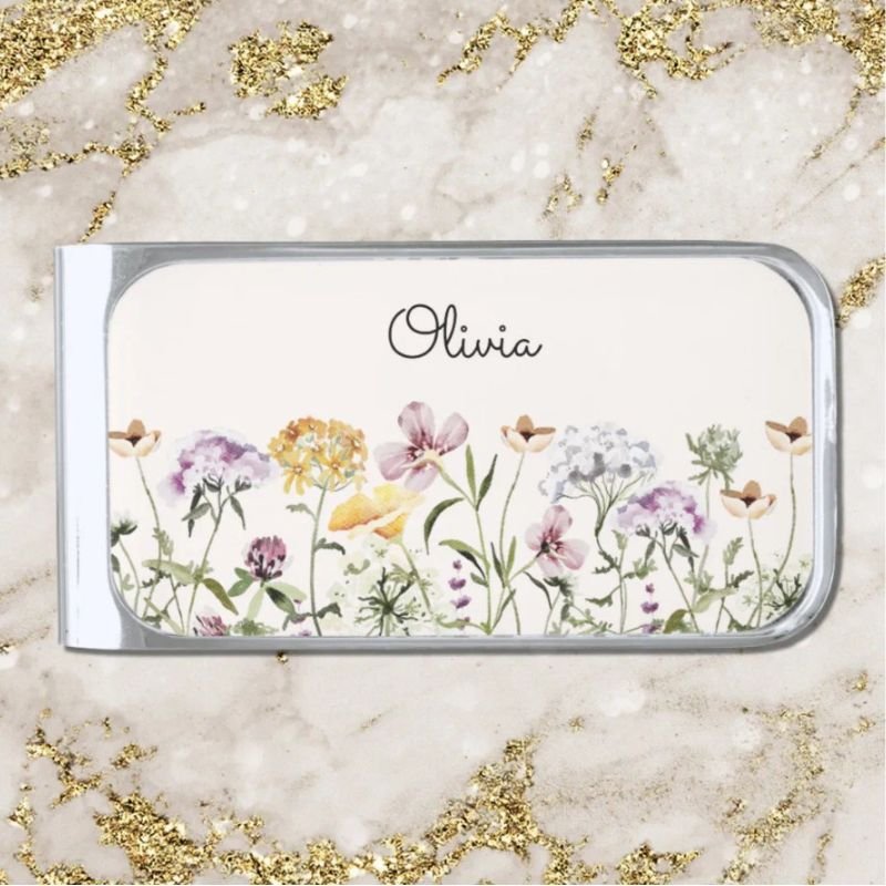 Personalized Name Wildflower Garden Silver Finish Money Clip