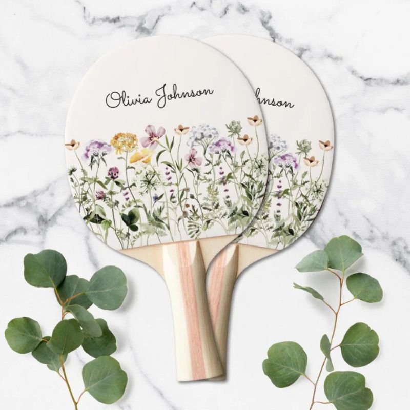 Monogrammed Watercolor Wildflower Garden Ping Pong Paddle