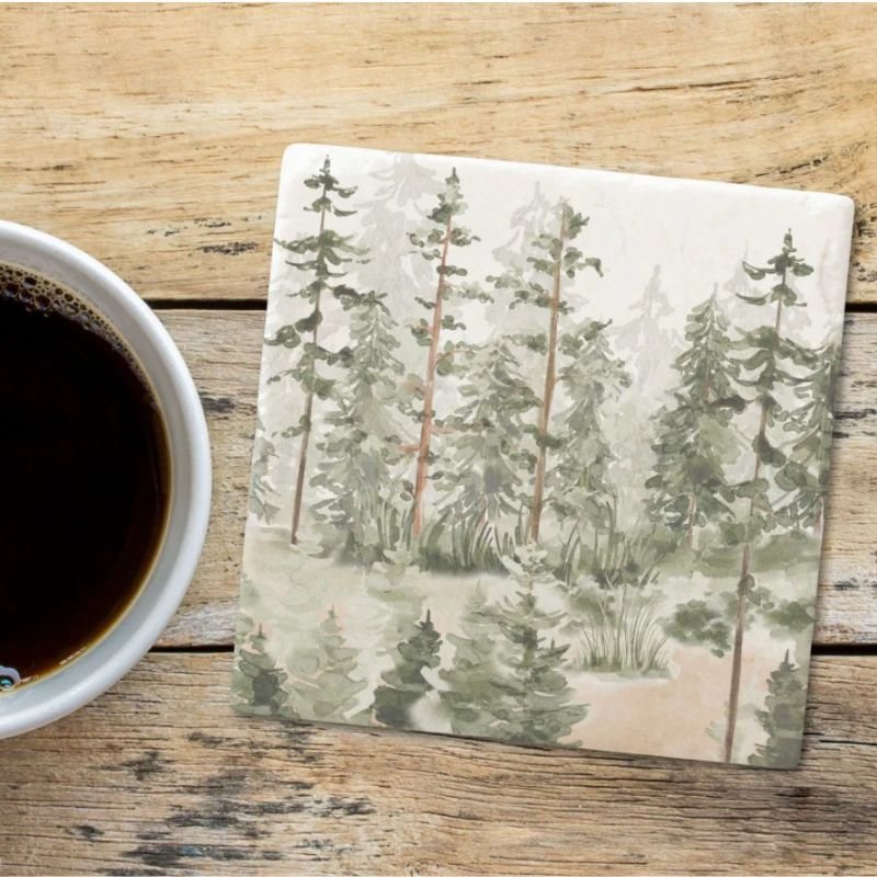 Watercolor Rustic Green Forest Stone Coaster