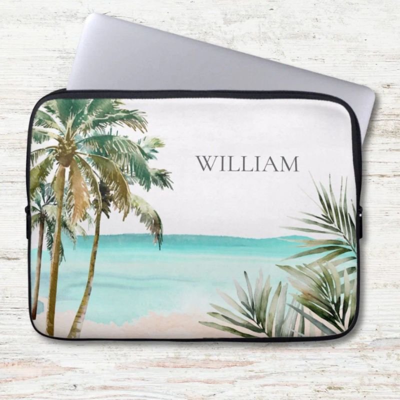 Monogrammed Tropical Palm Tree Leaves Blue Beach Laptop Sleeve