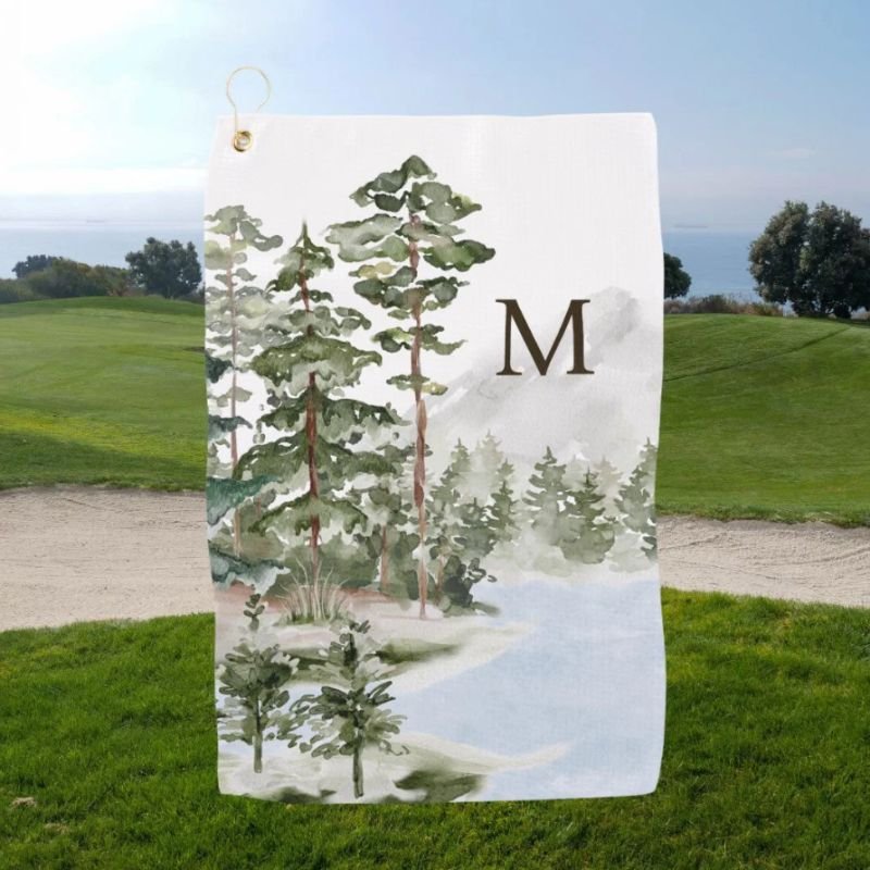 Monogrammed Green Pine Forest and Lake Golf Towel