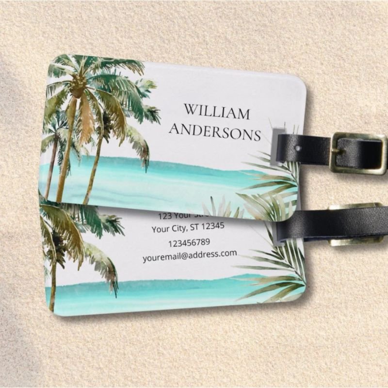 Personalized Tropical Palm Tree Leaves Blue Beach Luggage Tag