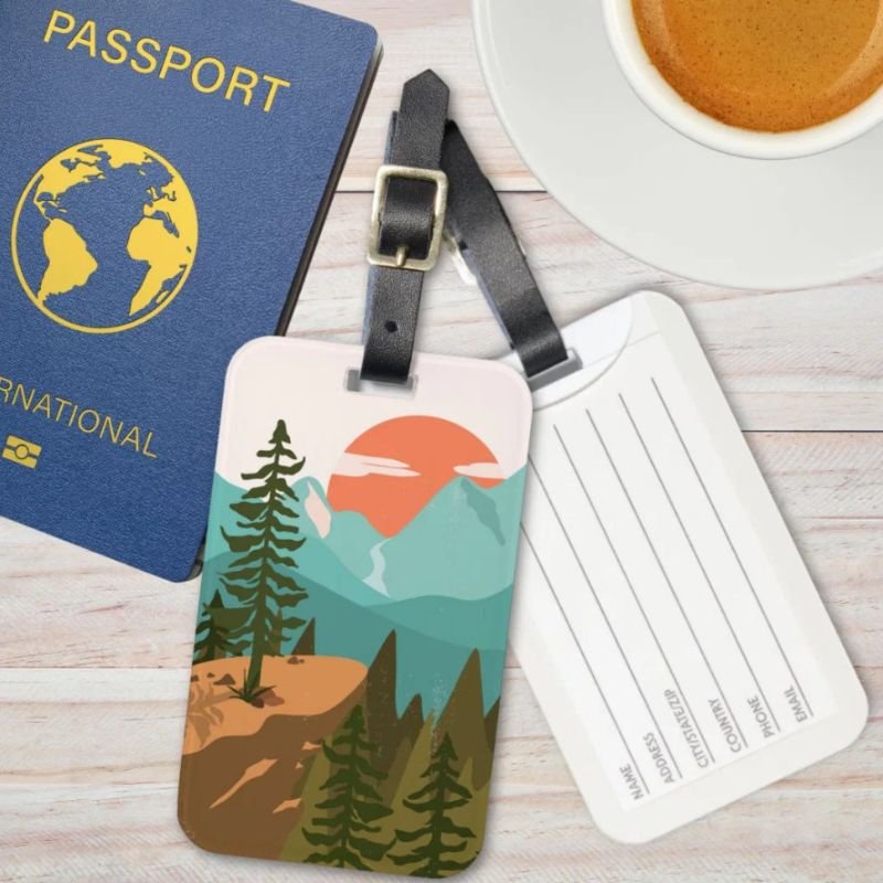Modern Abstract Forest, Mountains, and Sunrise Luggage Tag