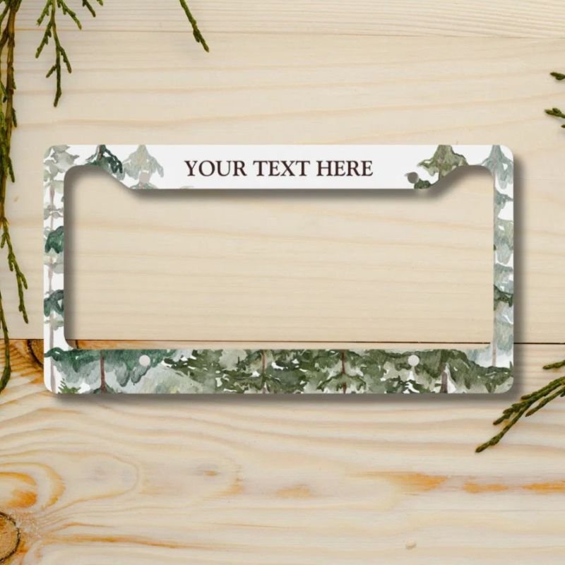 Pine Forest and mountain Rustic Custom Text License Plate Frame