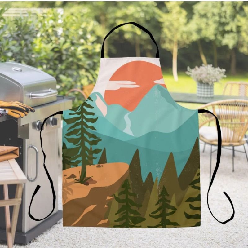 Modern Abstract Forest, Mountains, and Sunrise Apron