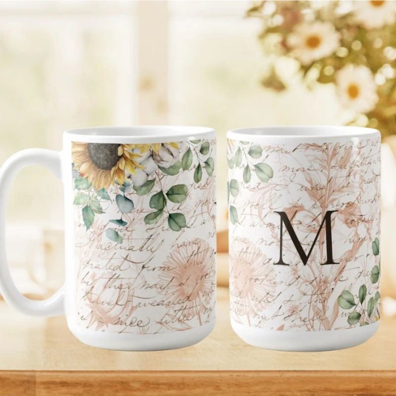 Monogrammed Vintage Rustic Sunflower Decoupage Coffee Mug