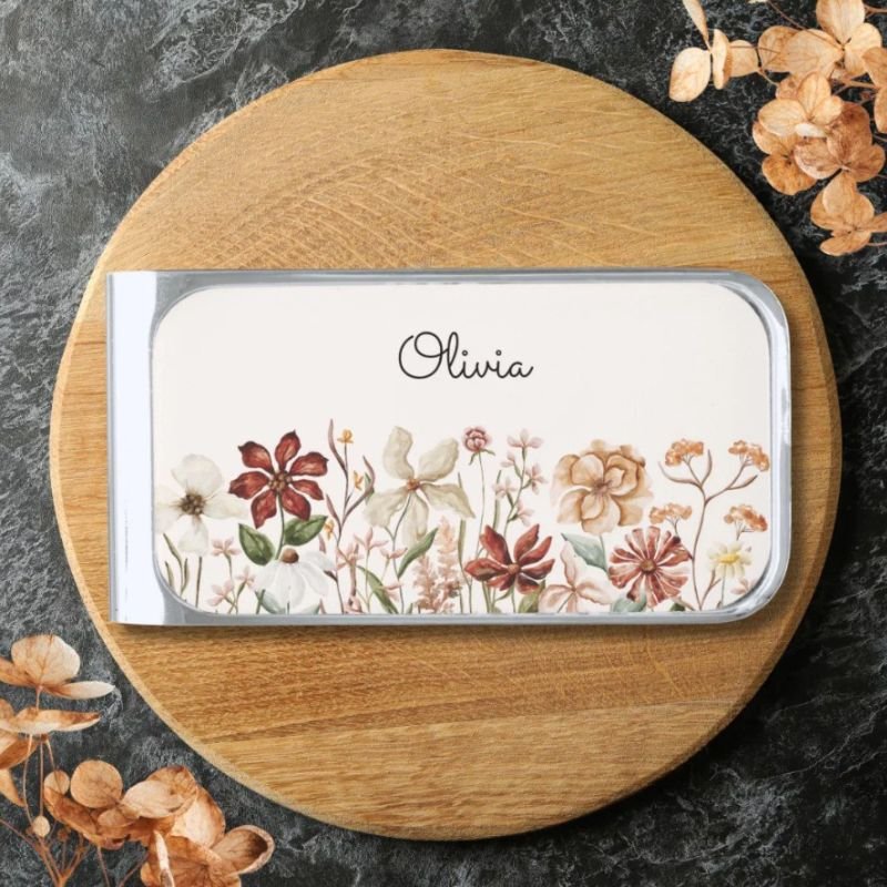 Personalized Watercolor Vintage Wildflower Meadow Silver Finish Money Clip