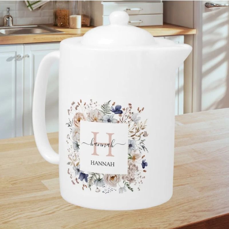 Elegant Monogram Pretty Beige Blue Flowers Floral Teapot