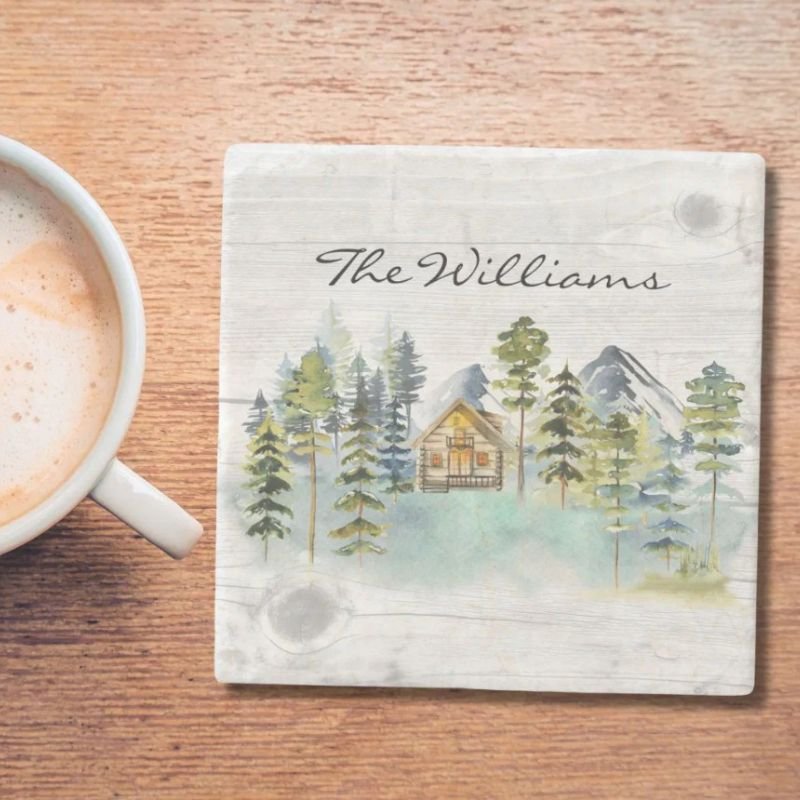 Watercolor Rustic Foggy Forest Mountain Cabin Stone Coaster