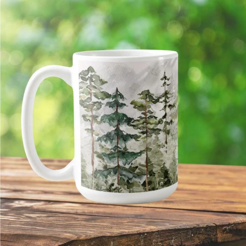 Watercolor Green Pine Forest on Mountain Coffee Mug