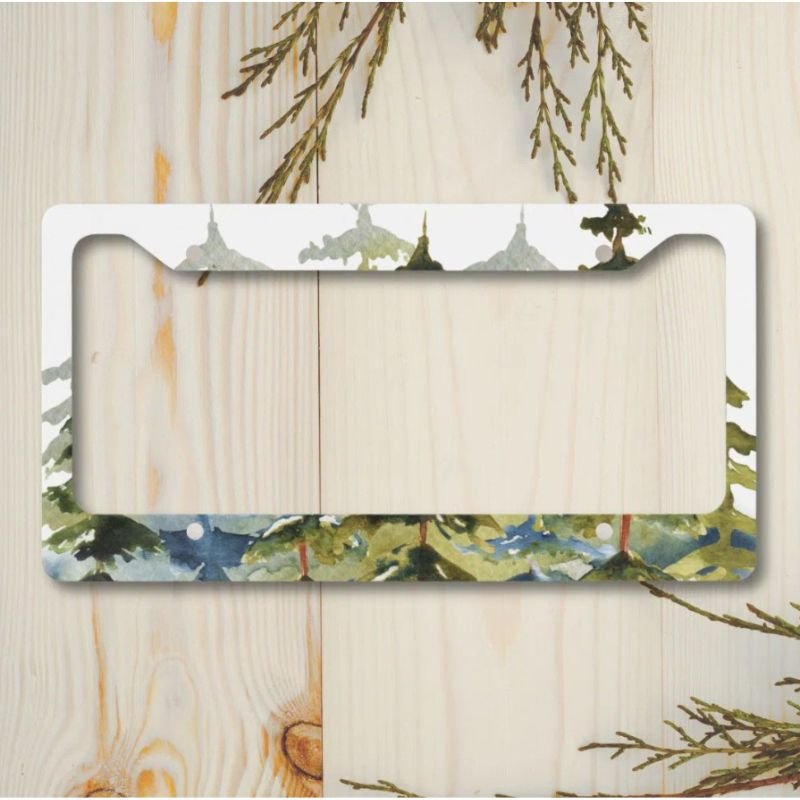 Vintage Foggy Green Forest Watercolor License Plate Frame