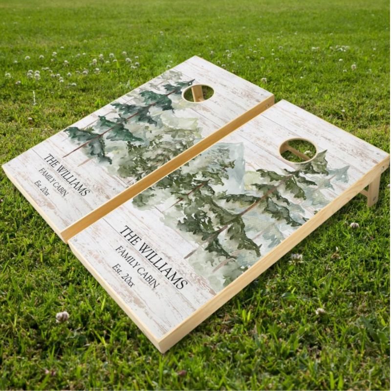 Pine Tree Forest & Mountain Nature Rustic Wood Cornhole Set