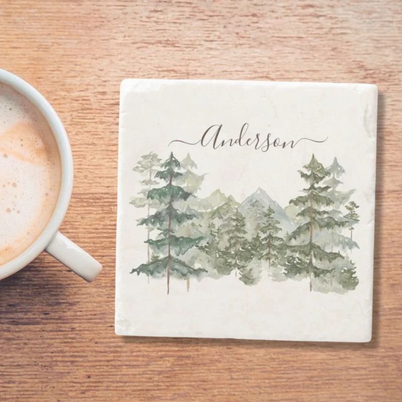 Watercolor Pine Forest and mountain Rustic Stone Coaster