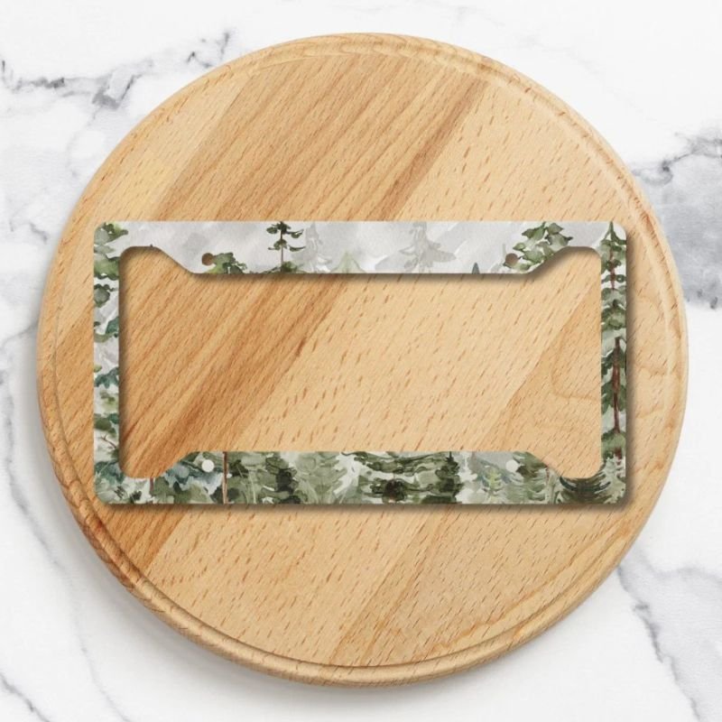 Watercolor Green Pine Forest on Mountain License Plate Frame