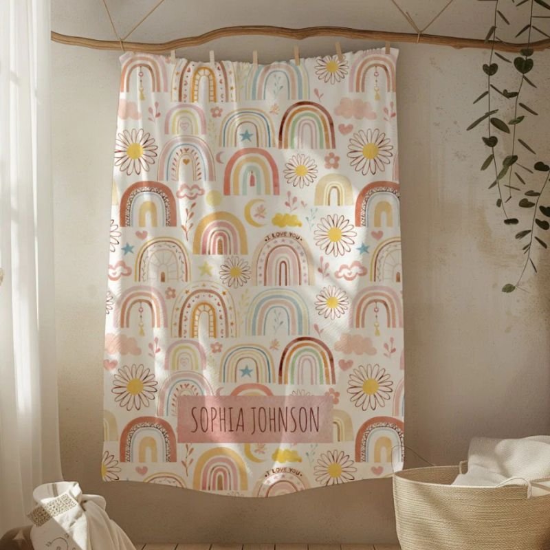 Cute Colorful Rainbows and Daisy Flowers Abstract Fleece Blanket