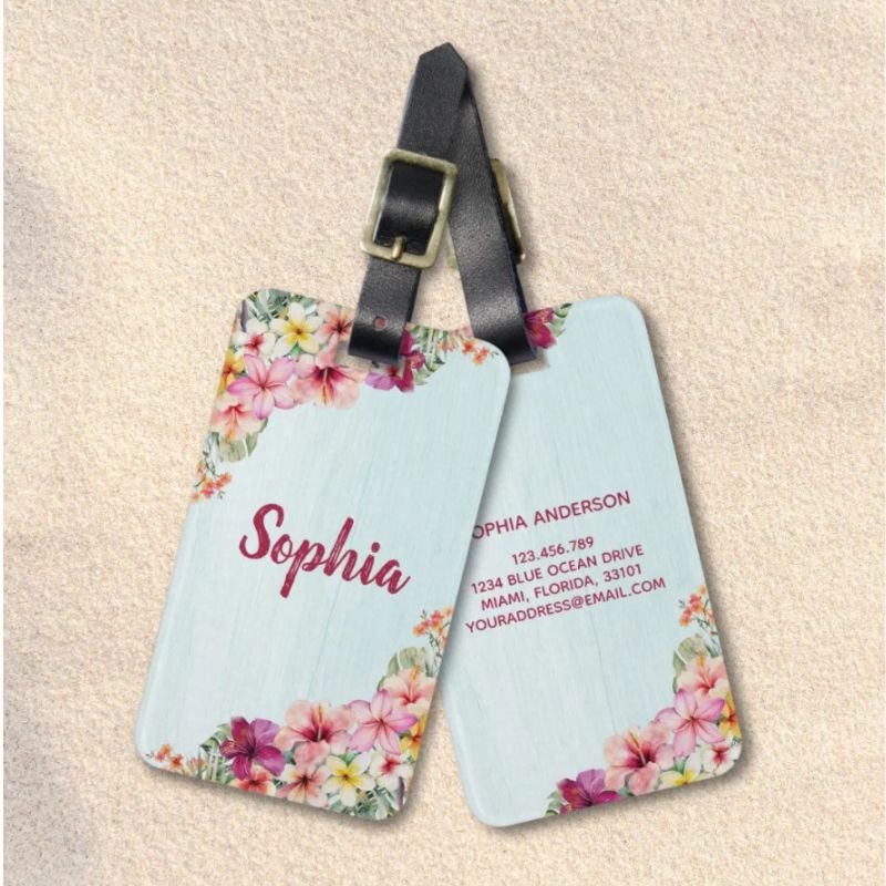 Tropical Pink Hibiscus Flowers Floral Botanical Luggage Tag