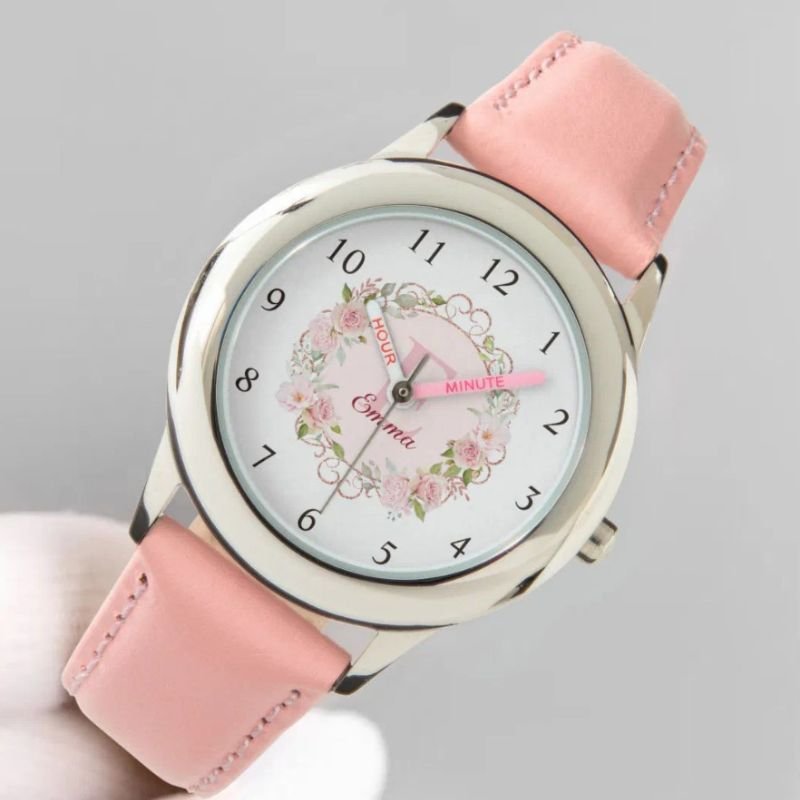Monogram Watercolor Blush Pink Rose Flowers Floral Watch
