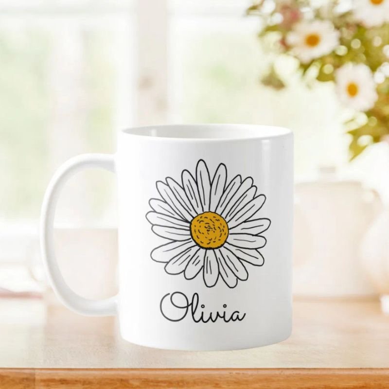 Monogrammed White Daisy Floral Doodle Kids Mug