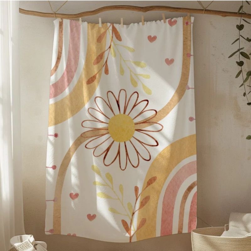 Watercolor Abstract Botanical Flower and Rainbow Fleece Blanket