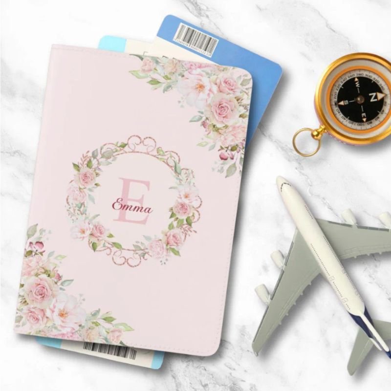 Monogram Watercolor Blush Pink Rose Flowers Floral Passport Holder