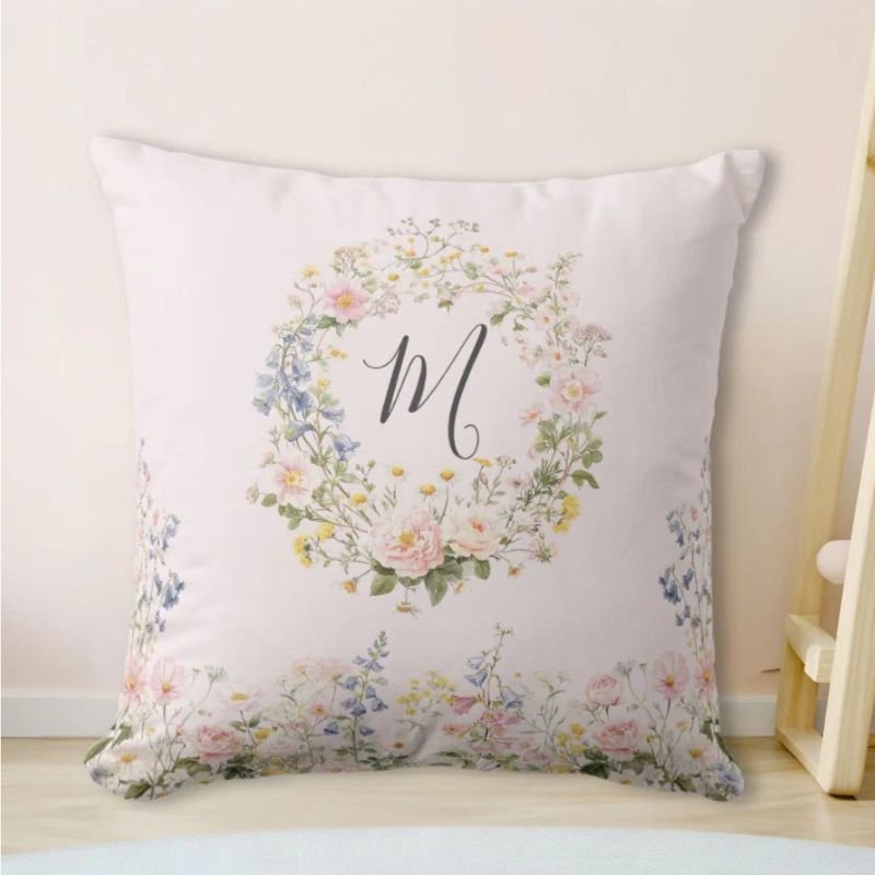 Monogram Watercolor Pink Blue Flowers Floral Throw Pillow