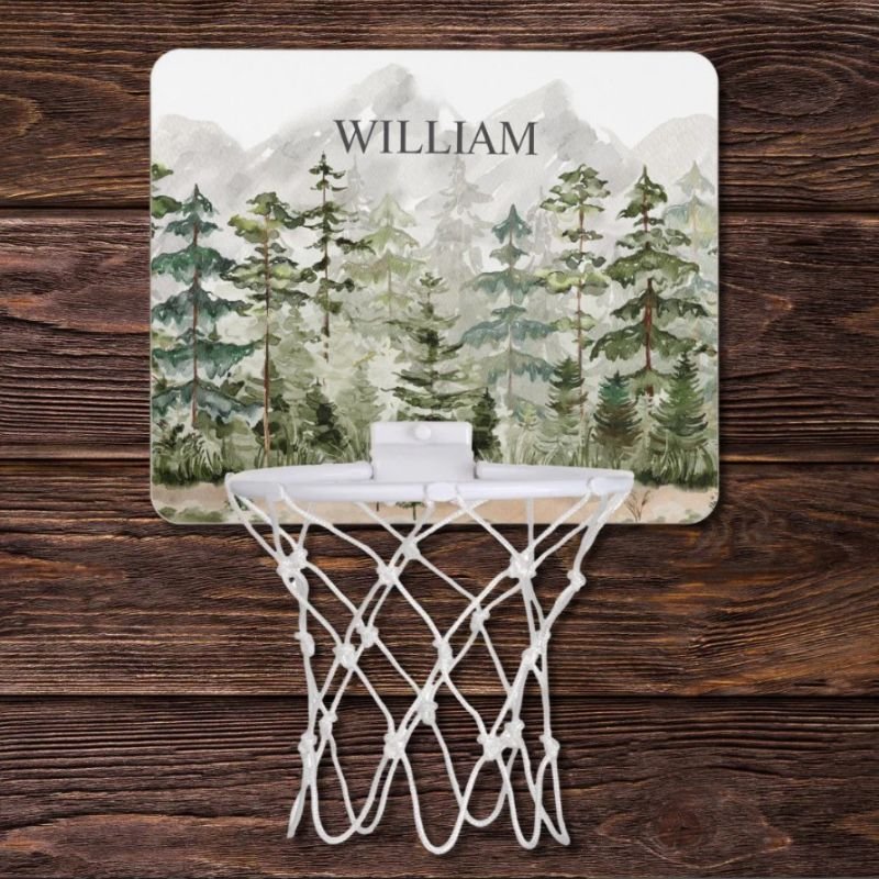 Monogram Watercolor Green Pine Forest on Mountain Mini Basketball Hoop