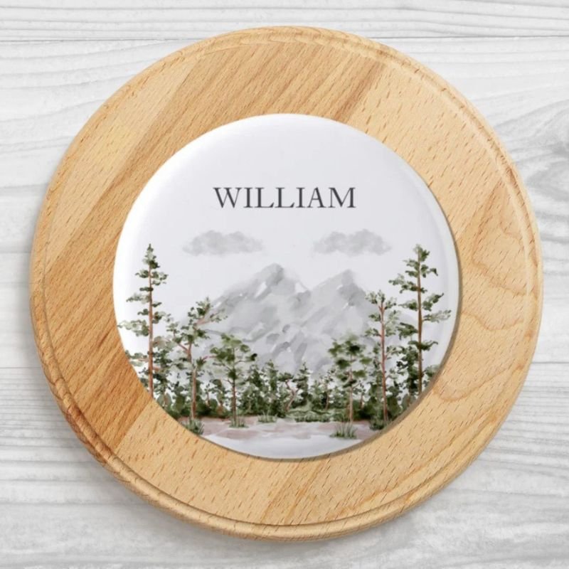 Monogrammed Watercolor Mountain and Forest Button