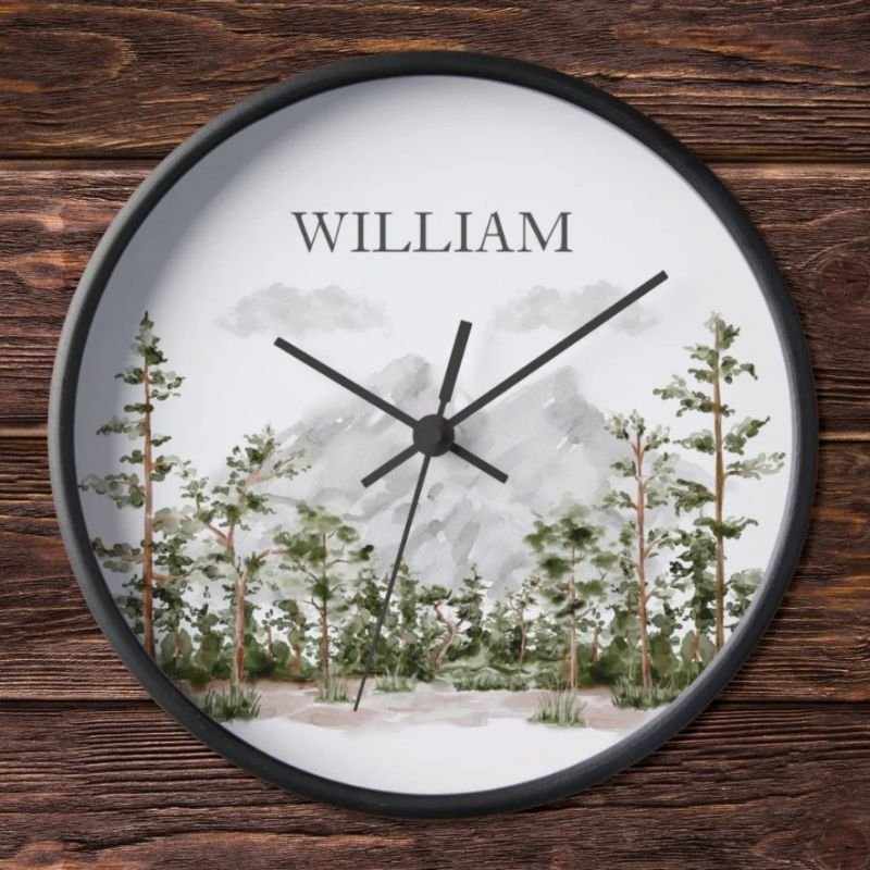 Monogrammed Watercolor Mountain and Forest Clock