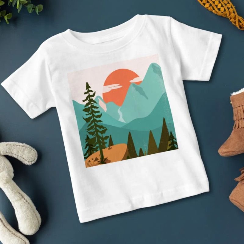 Modern Abstract Forest, Mountains, and Sunrise Baby T-Shirt