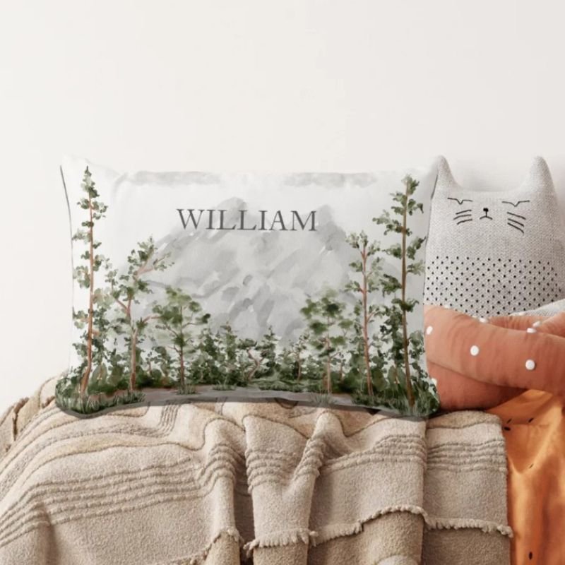 Monogrammed Watercolor Mountain and Forest Lumbar Pillow