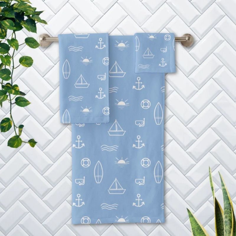 Blue Summer Ocean Nautical Pattern Bath Towel Set