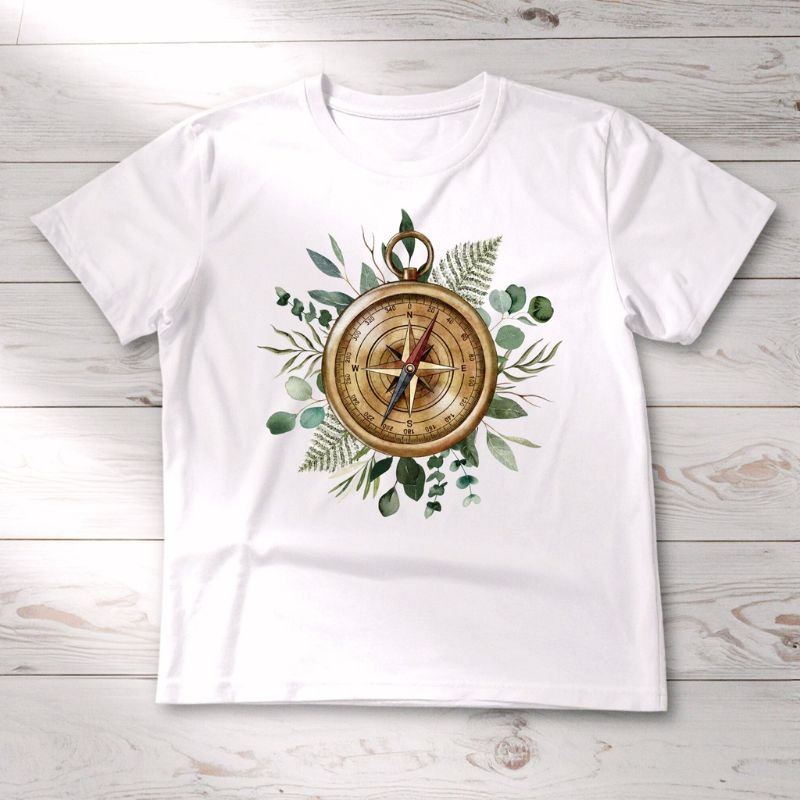 Watercolor Tropical Green Leaves Foliage Compass T-Shirt