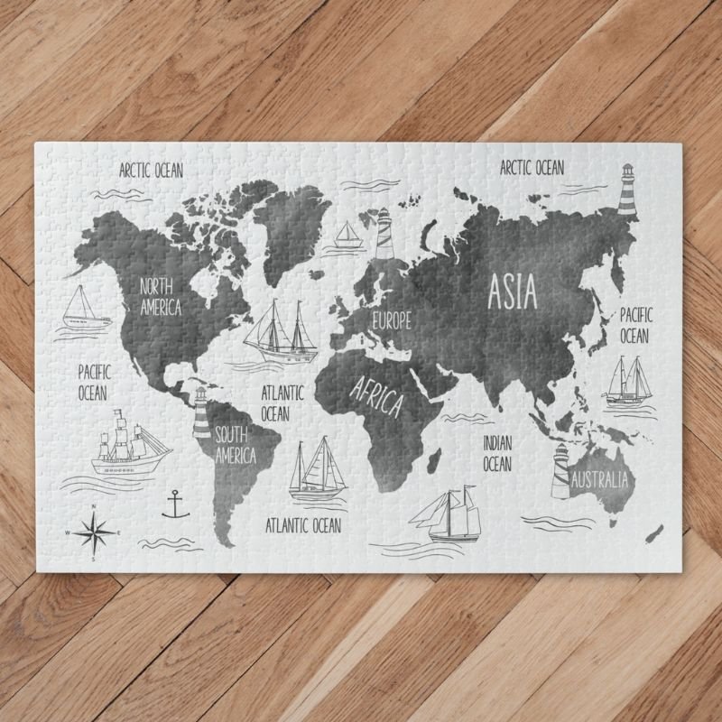 World Map Art Black White Nautical Jigsaw Puzzle