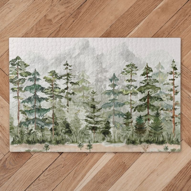 Watercolor Green Pine Forest on Mountain Jigsaw Puzzle