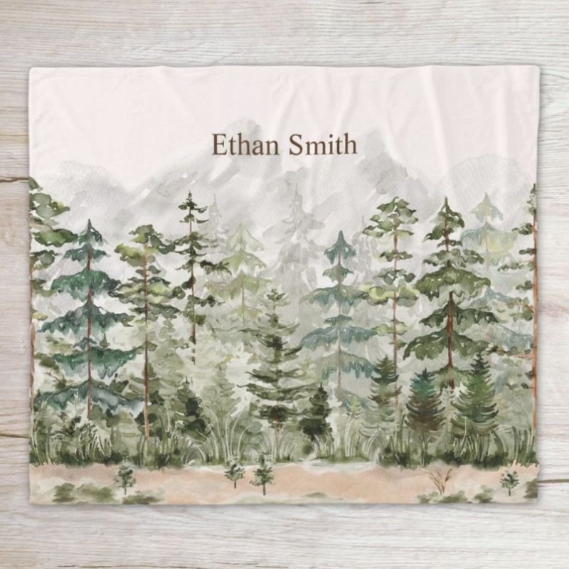 Watercolor Green Pine Forest on Mountain Fleece Blanket
