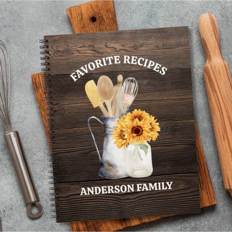 Rustic Kitchen Utensil Sunflower Brown Wood Recipe Notebook