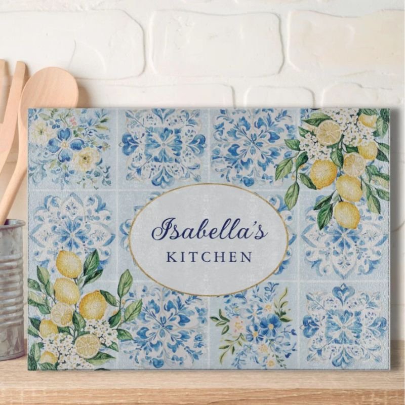 Personalized Watercolor Blue Italian Tile Lemon Cutting Board
