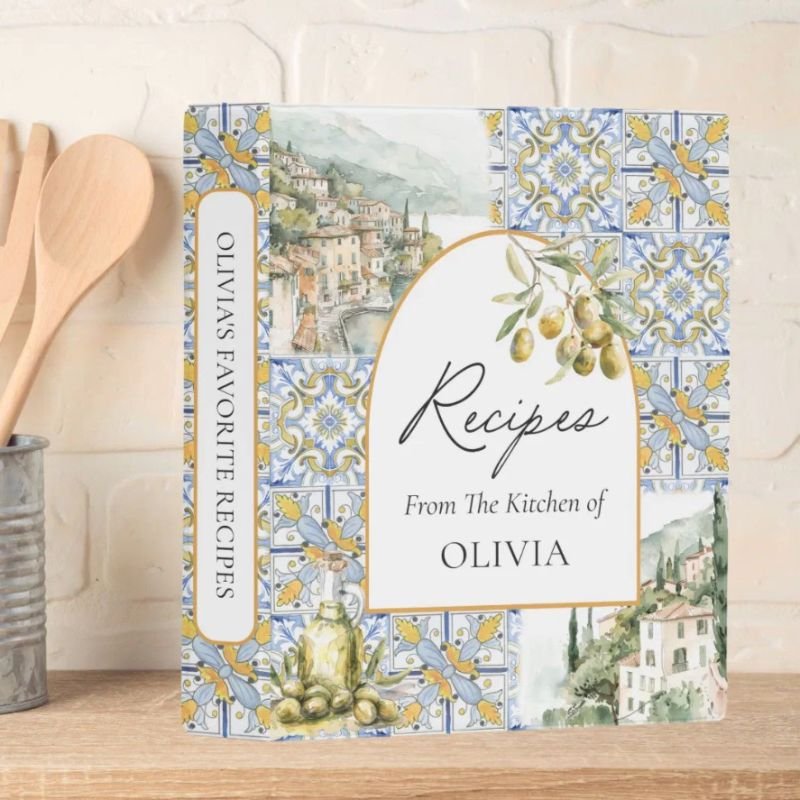 Olive Mediterranean Tile Pattern Recipe Cookbook Mini Binder