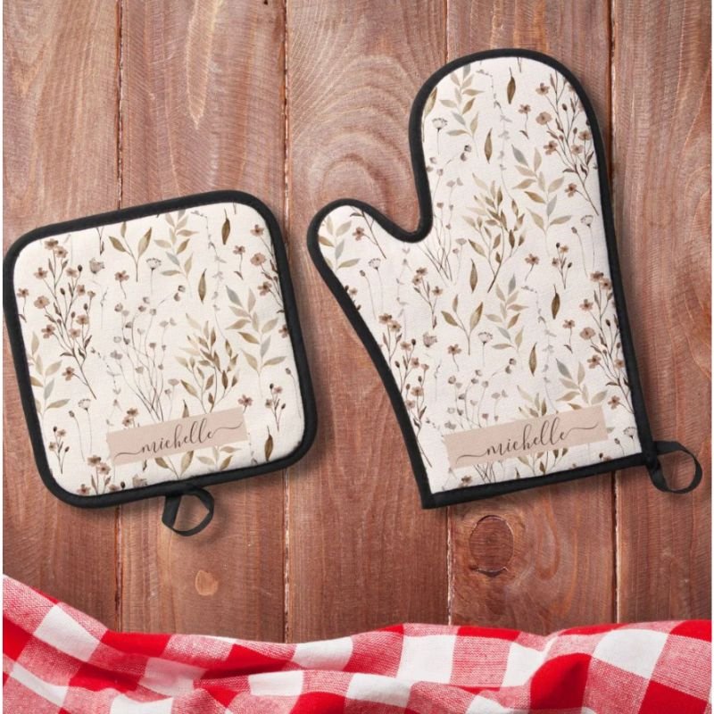 Monogram Elegant Watercolor Brown Floral Oven Mitt & Pot Holder Set