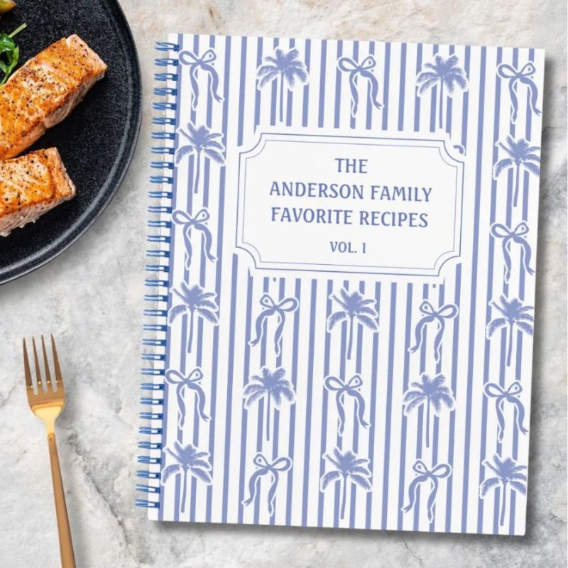 White Blue Coastal Chic Stripes Family Recipe Book