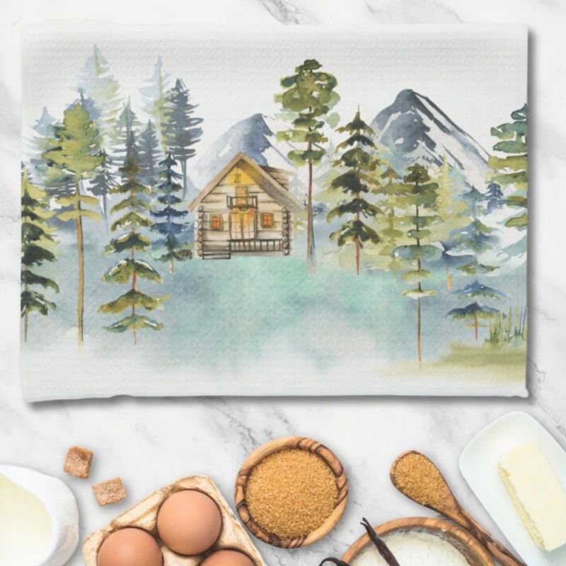 Watercolor Vintage Foggy Forest Mountain Cabin Kitchen Towel