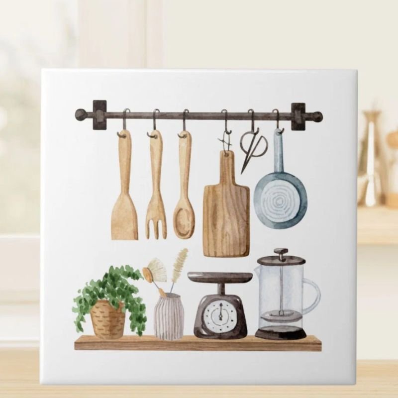 Watercolor Kitchen Utensils Ceramic Tile