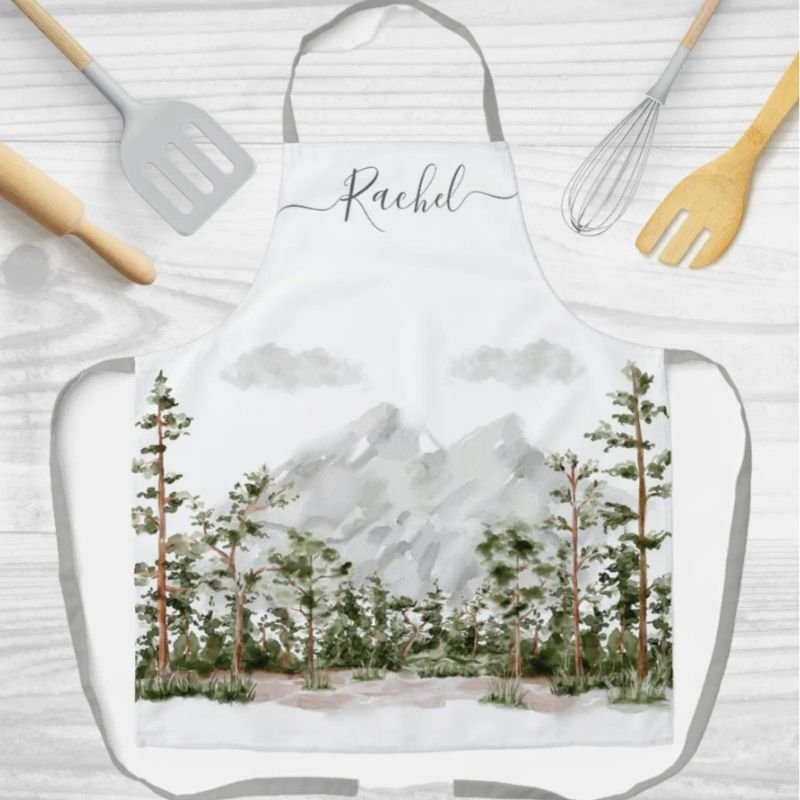 Monogrammed Watercolor Mountain and Forest Apron