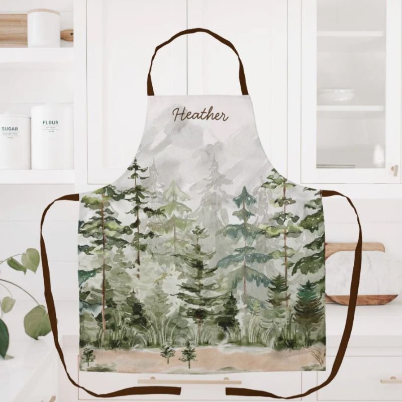 Watercolor Green Pine Forest on Mountain Apron