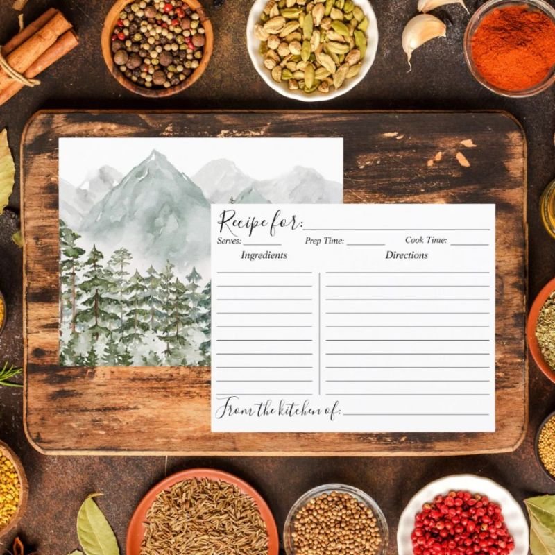 Watercolor Pine Forest and Mountains Recipe Card