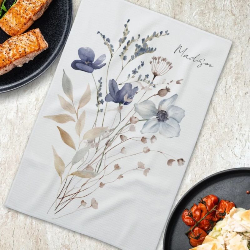 Monogrammed Elegant Watercolor Blue Wildflower Kitchen Towel