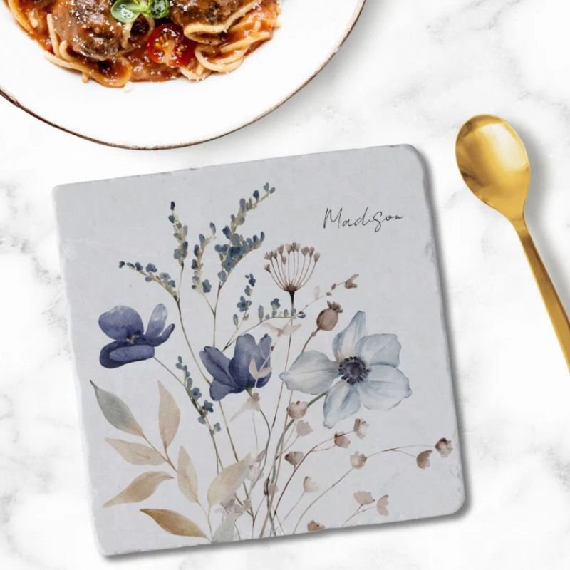 Monogrammed Chic Pretty Watercolor Blue Floral Trivet