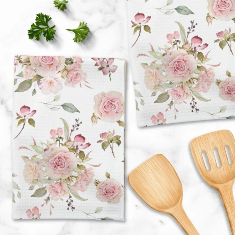 Watercolor Pink Rose Flowers Floral Pattern Kitchen Towel
