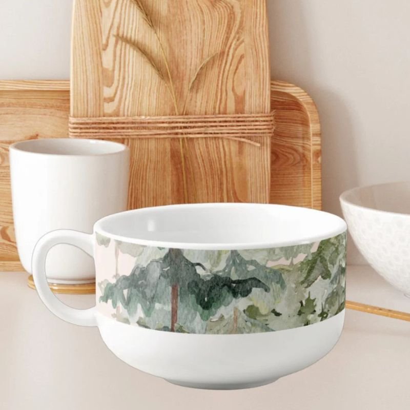 Watercolor Pine Forest and mountain Rustic Soup Mug