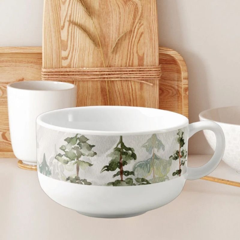 Watercolor Green Pine Forest on Mountain Soup Mug